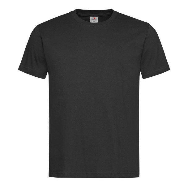 A black men's classic T-shirt with short sleeves and a round neckline, featuring a logo at the neck.
