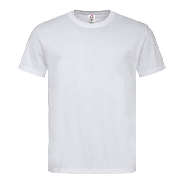 A plain white short-sleeve t-shirt with a round neckline and a brand logo on the tag.