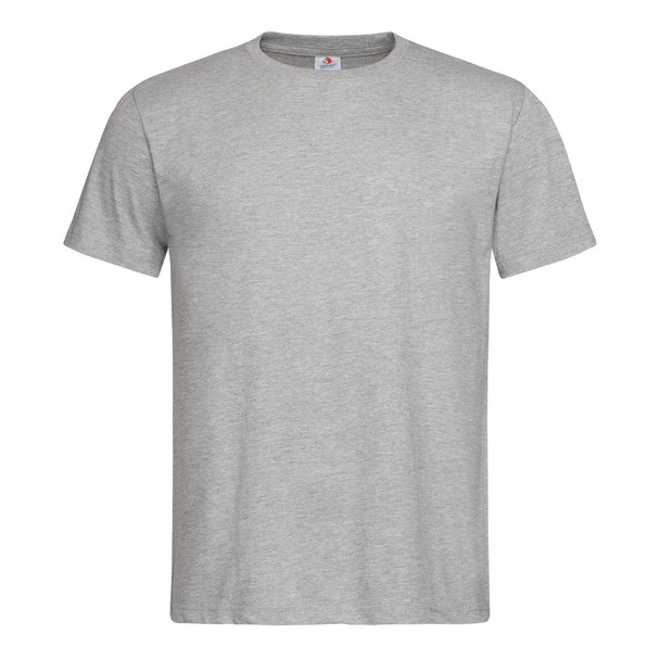 A grey men's classic organic T-shirt with a crew neckline and short sleeves. It features a logo on the label.