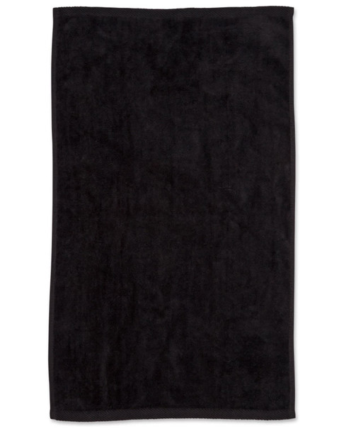 A black golf towel measuring 38 x 65 cm, featuring a brand logo. Soft and absorbent.