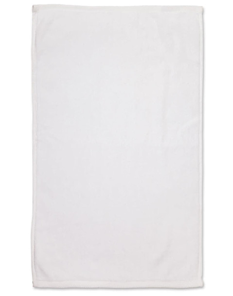 A white golf towel measuring 38 x 65 cm with a simple design and an attached logo.