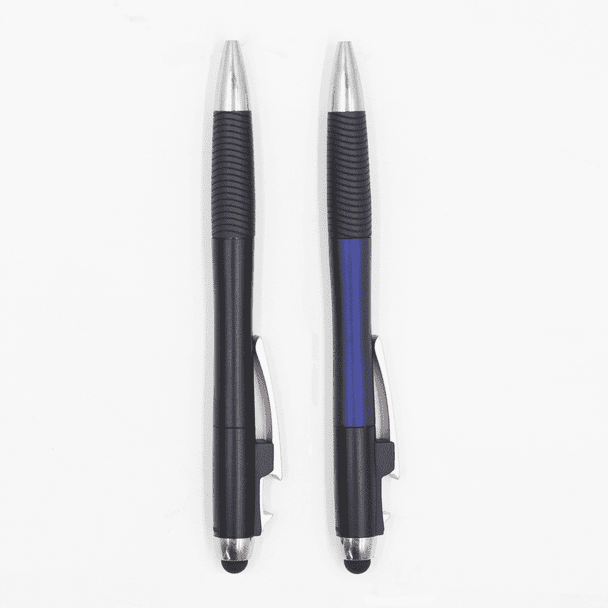 Two retractable pens in black and blue with silver accents and textured grip, featuring a logo.