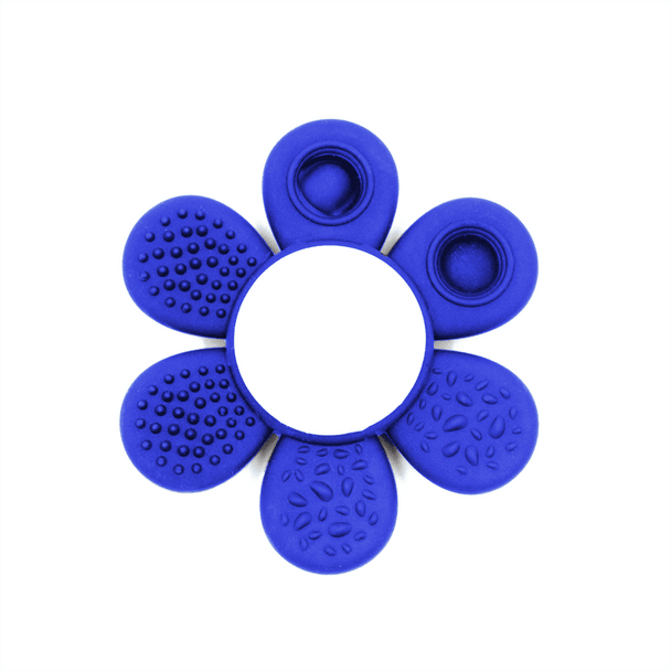 A blue drink bottle with a flower-shaped design featuring textured petals and a central opening, including a logo.