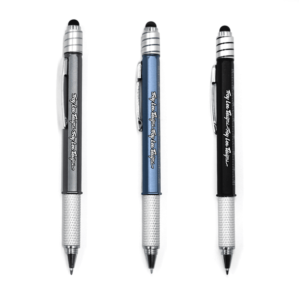 Three pens in grey, blue, and black with a silver grip and a logo on each.