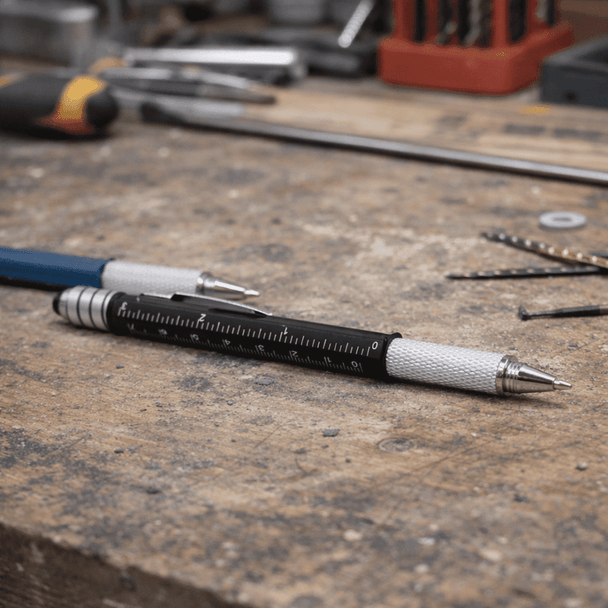 A black and silver precision pen lies on a workbench, surrounded by tools and small metal parts.