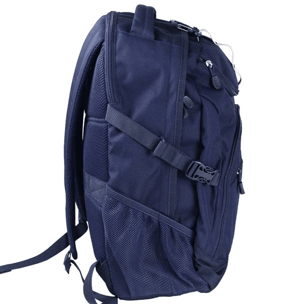 A navy blue backpack with multiple pockets, straps, and a mesh side pocket, featuring a logo.