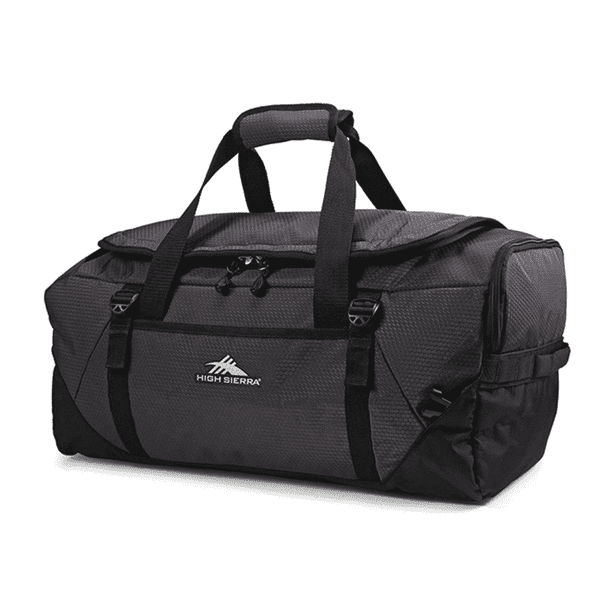 A black and grey duffel backpack with dual handles and a flap top, featuring a logo on the side.
