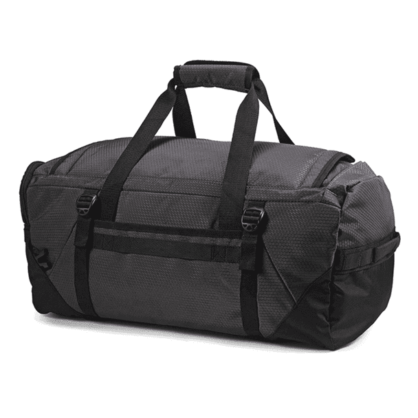 A black and grey duffel backpack with multiple straps and pockets, featuring a logo.