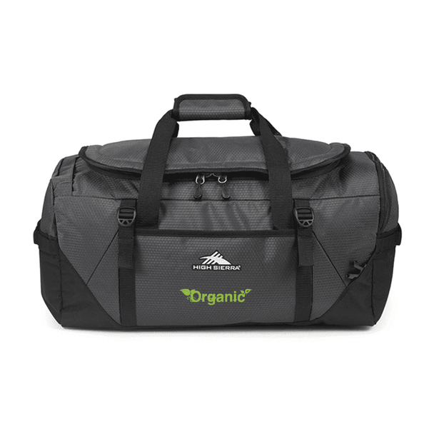 A duffel backpack in grey and black, featuring two handles and a logo. Suitable for travel and storage.