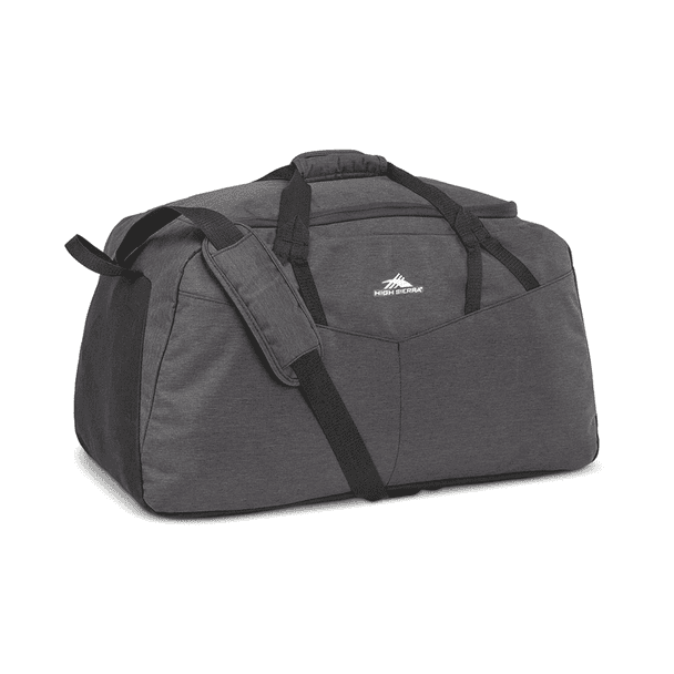 A dark grey duffel bag with a shoulder strap and multiple pockets, featuring a logo on the front.