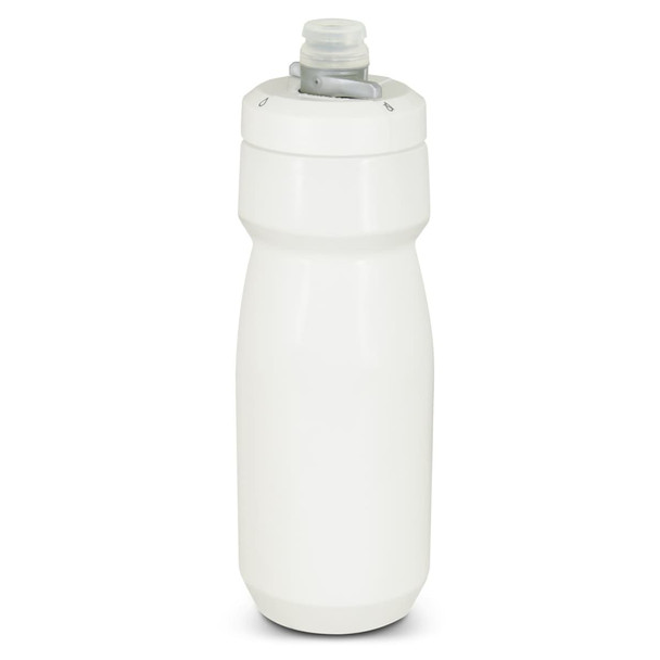A drink bottle in white, featuring a screw-on lid and a spout, with a logo on the side.