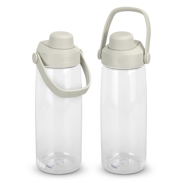 A drink bottle with a clear body and a grey lid, featuring a handle and an attached cap.
