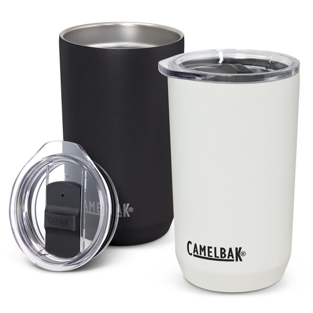 A drink bottle featuring a black and a white vacuum tumbler, both with a clear lid and a branded logo.