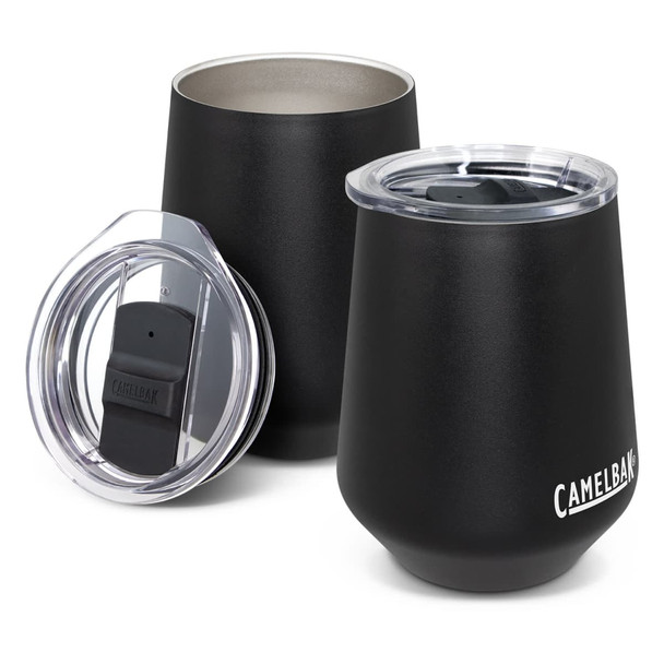 A drink bottle set featuring two black vacuum tumblers with clear lids and a branding logo.