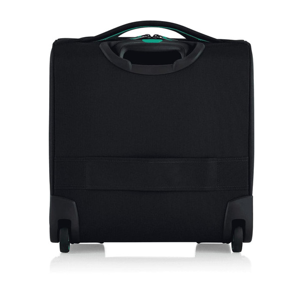 A black underseat luggage with wheels and a sturdy handle, featuring a simple design and branding.