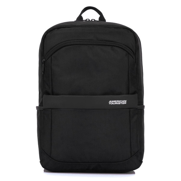 A black backpack featuring a front pocket and a branded logo, designed with a sleek, modern style.