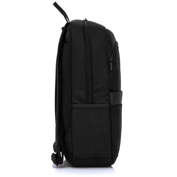 A black backpack featuring a sleek design, multiple compartments, and a side pocket. It includes a logo.