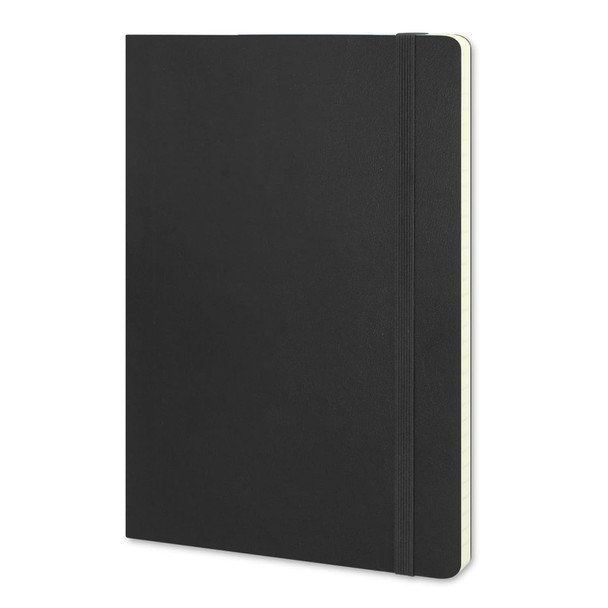 A large black soft cover notebook with an elastic band closure and a cream-coloured interior.
