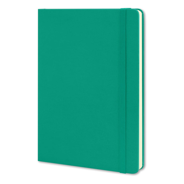 A large, teal Moleskine Classic hard cover notebook with an elastic closure and rounded corners.