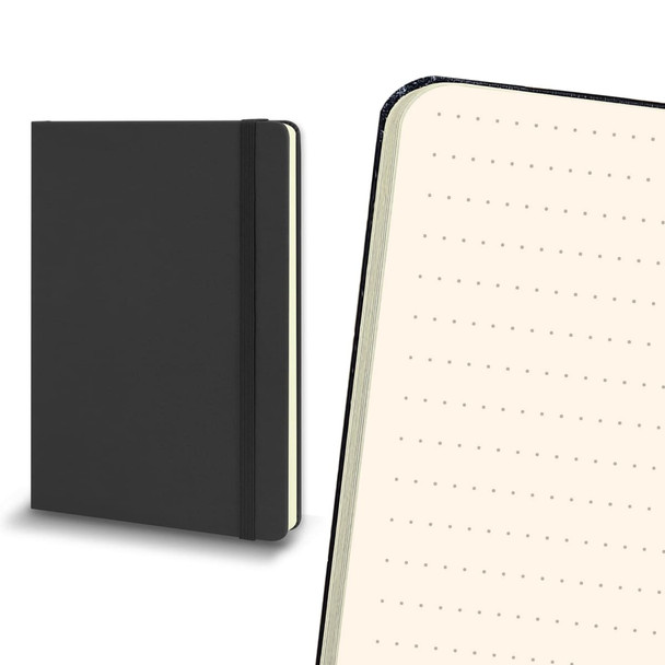 A large black Moleskine Classic Hard Cover Notebook with a dot grid interior and an elastic closure.
