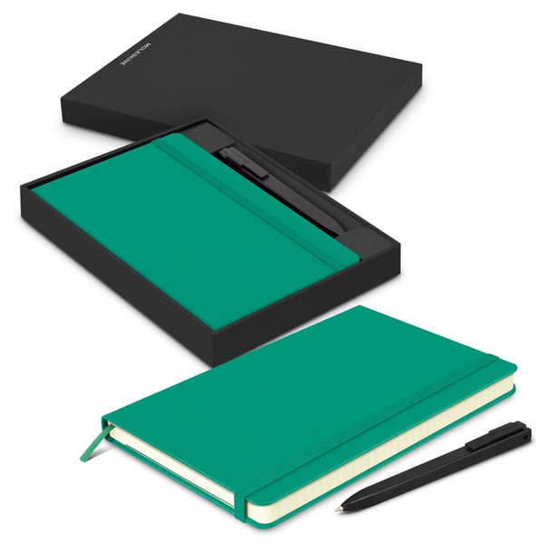 A green Moleskine notebook and black pen in a black gift box. The notebook has a ribbon bookmark and an elastic closure.