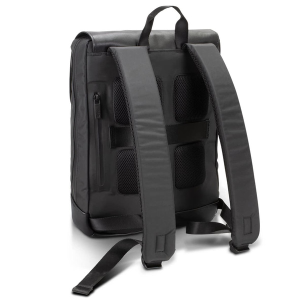 A black Moleskine Metro Slim Backpack featuring padded straps and a sleek design, with a logo on the surface.