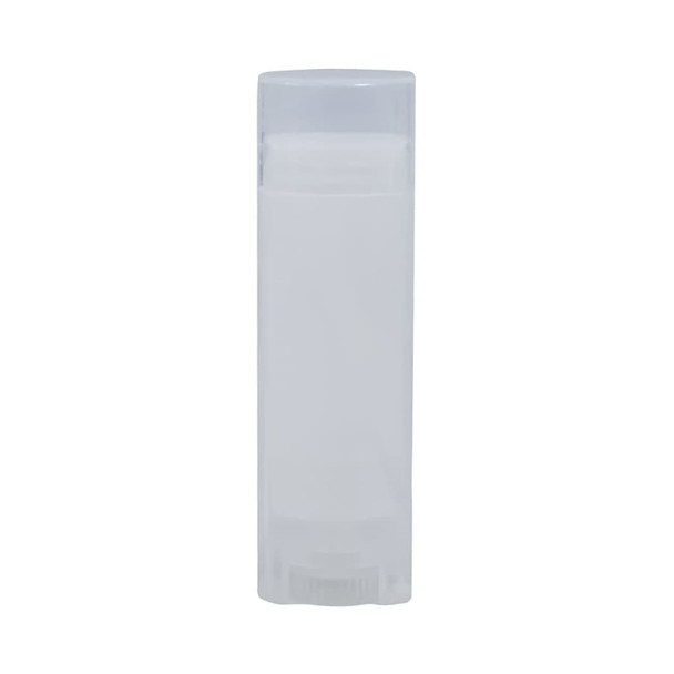 A clear tube of lip balm in a cylindrical shape with a twist-up base. The container is simple and unbranded.