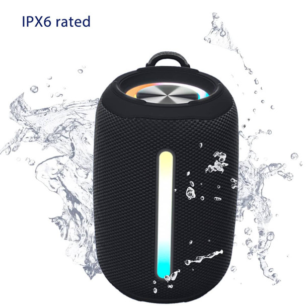 A black outdoor Bluetooth speaker with a waterproof design and LED light strip. It features a textured surface and a circular top.