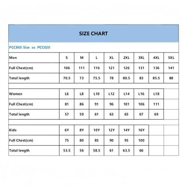 A size chart displaying measurements for men's, women's, and kids' T-shirt sizes, including chest and total lengths.