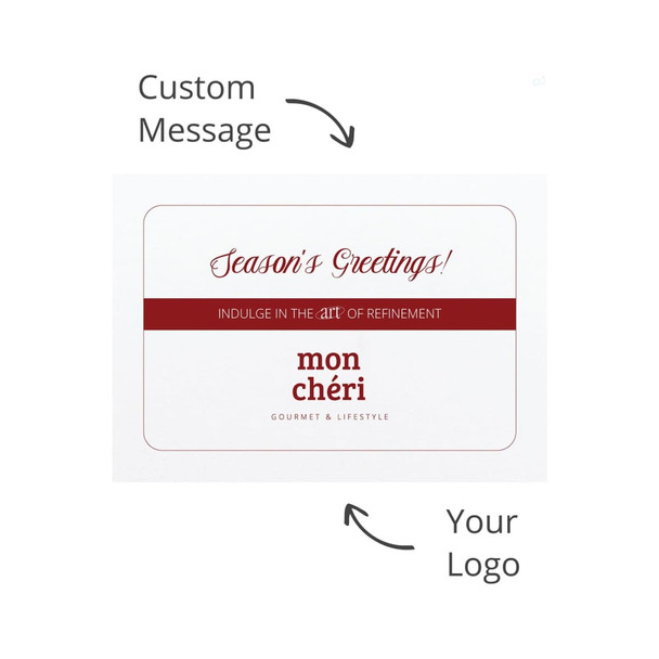 A promotional greeting card featuring a red and white design with space for a custom message and a logo.