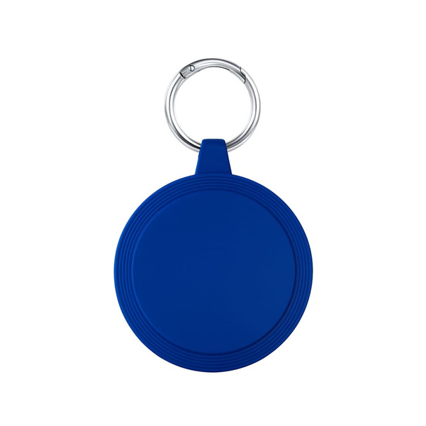 A blue circular keychain with a textured surface and a metal keyring attachment.