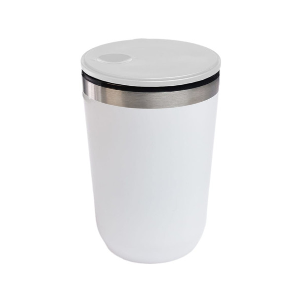 A reusable coffee cup featuring a sleek white design with a stainless steel accent and a secure lid.