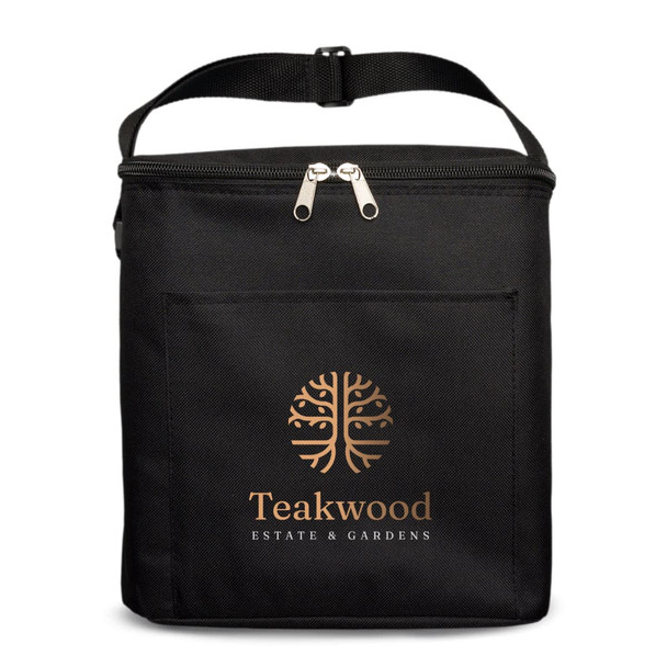 A black insulated cooler bag featuring a front pocket and a logo on the front. It has a zip closure and handle.