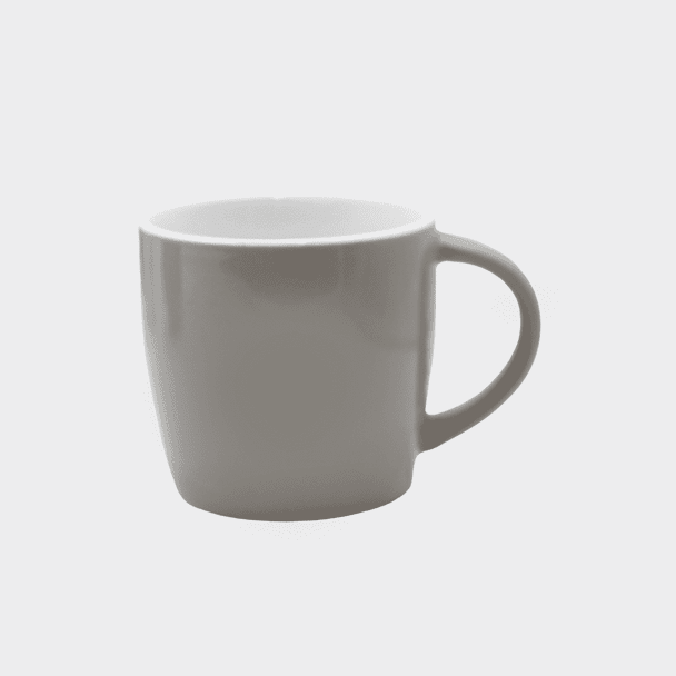 A ceramic mug in a light grey colour with a smooth finish and a curved handle. It features a logo on the side.