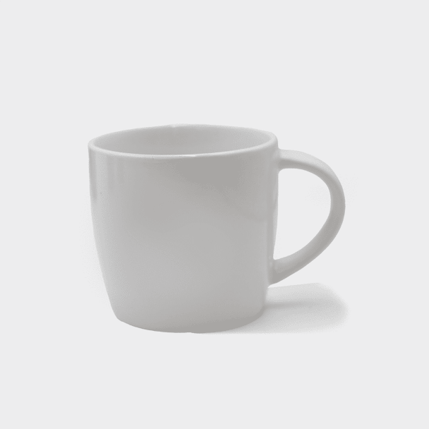 A white ceramic mug with a curved handle and a smooth surface. The mug features a logo.