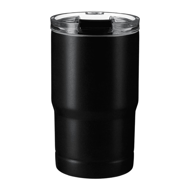 A drink bottle in matte black with a clear lid, featuring a sturdy, ergonomic design.
