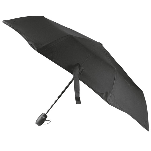 A black tipless umbrella with a sleek design, featuring a handle and a minimalist look. It has a branding logo.