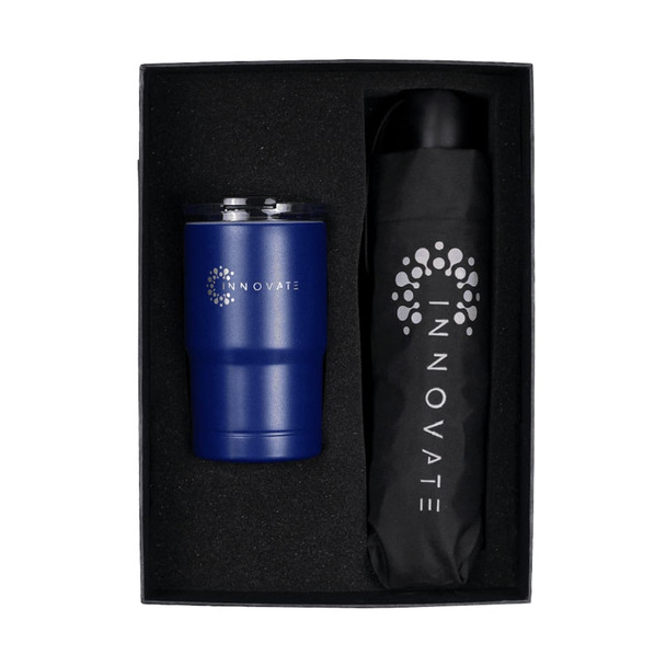A drink bottle and tumbler in navy blue, packaged together in a black gift box with a logo.
