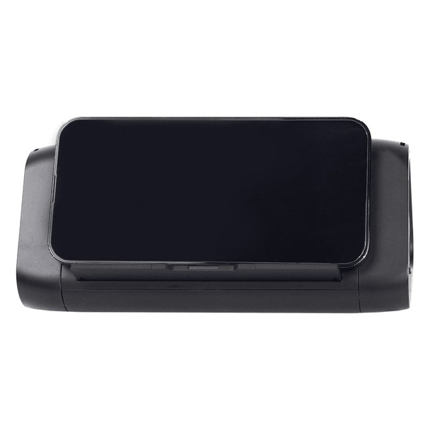 A black outdoor speaker and wireless power bank with a sleek design and a glossy surface. It features a logo.