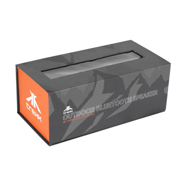 A black and orange box featuring a wireless outdoor Bluetooth speaker, decorated with a mountain pattern and a logo.