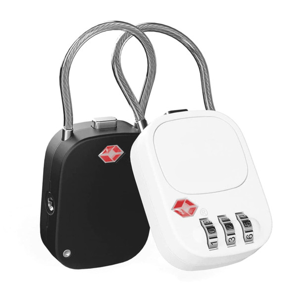 A pair of Atlas TSA Locks in black and white, featuring a combination dial and a logo.