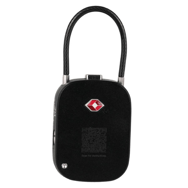 A black TSA lock with a metal shackle and a logo on the front.