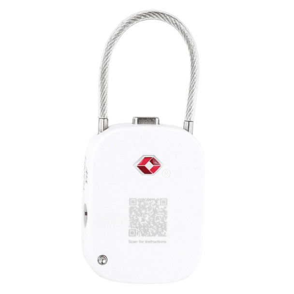 A white TSA lock with a silver cable and a small logo on the front, designed for secure travel.