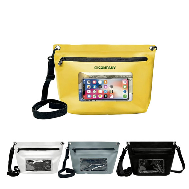A yellow PVC crossbody phone bag with a clear front pocket, alongside white, silver, and black variations.