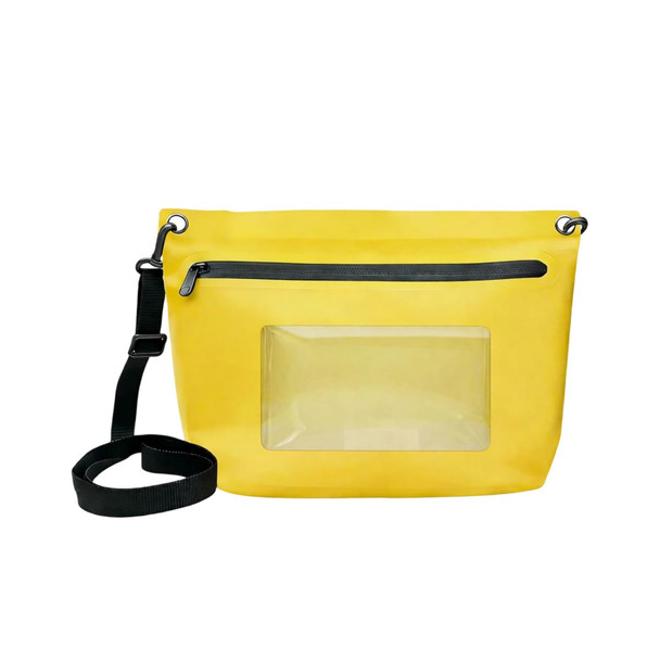 A yellow PVC crossbody phone bag with a clear window and a black adjustable strap. It features a zippered pocket.