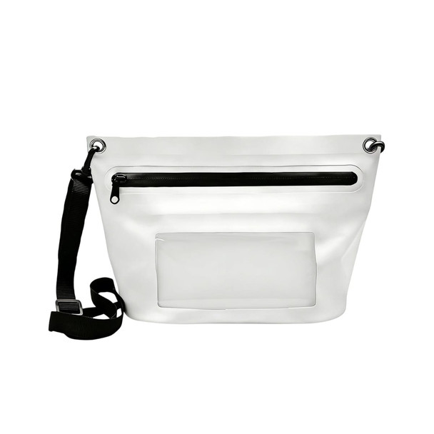 A white PVC crossbody phone bag with a black zipper and strap, featuring a clear pocket on the front.