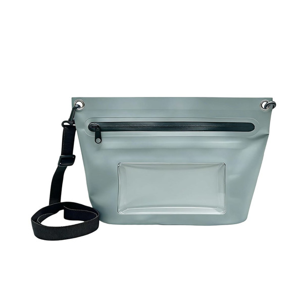 A PVC crossbody phone bag in light grey with a transparent pocket and adjustable strap. Features a top zip closure.