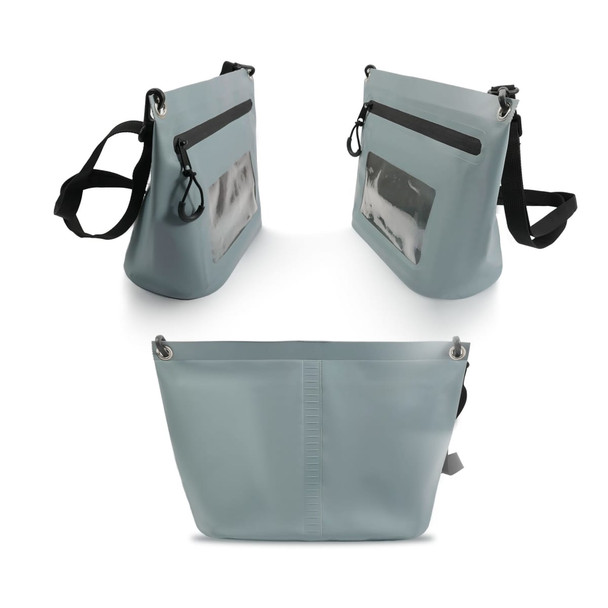 A light blue PVC crossbody phone bag featuring a clear front pocket and an adjustable strap, with a logo.