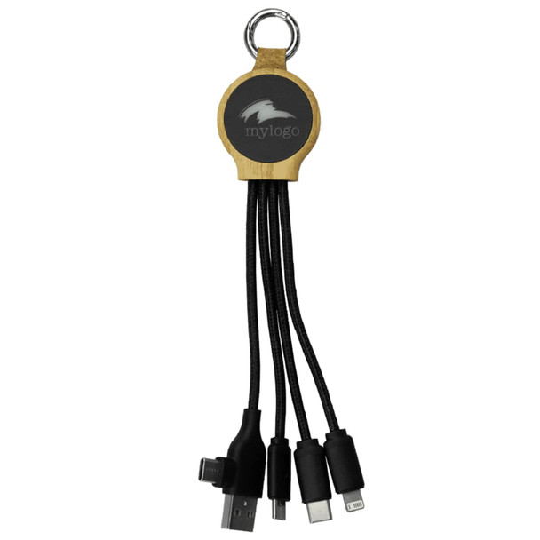 A multi-cable organiser with four charging cables in black, featuring a circular wooden logo area.