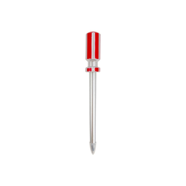 A screwdriver-shaped ballpoint pen in red and silver, featuring a metallic finish. It has a logo on the side.